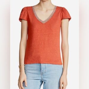Maje Trocadero Terracota Metallic V-Neck Short sleeve Top - Size 2